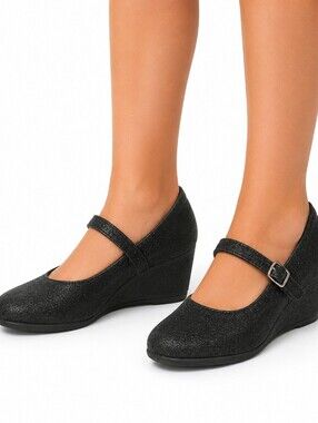 Women's Black Glitter Wedge Mary Jane Shoes Sz11